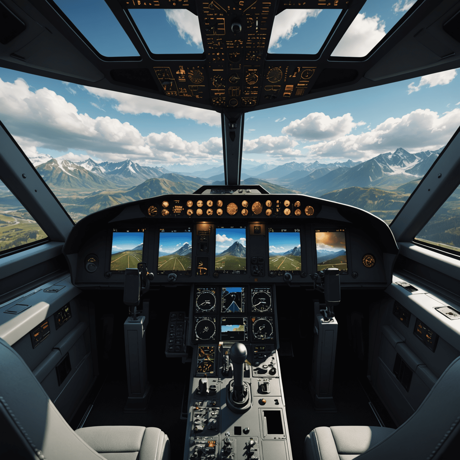 Cockpit view of a flight simulator game with realistic controls and a scenic view of clouds and mountains through the windshield