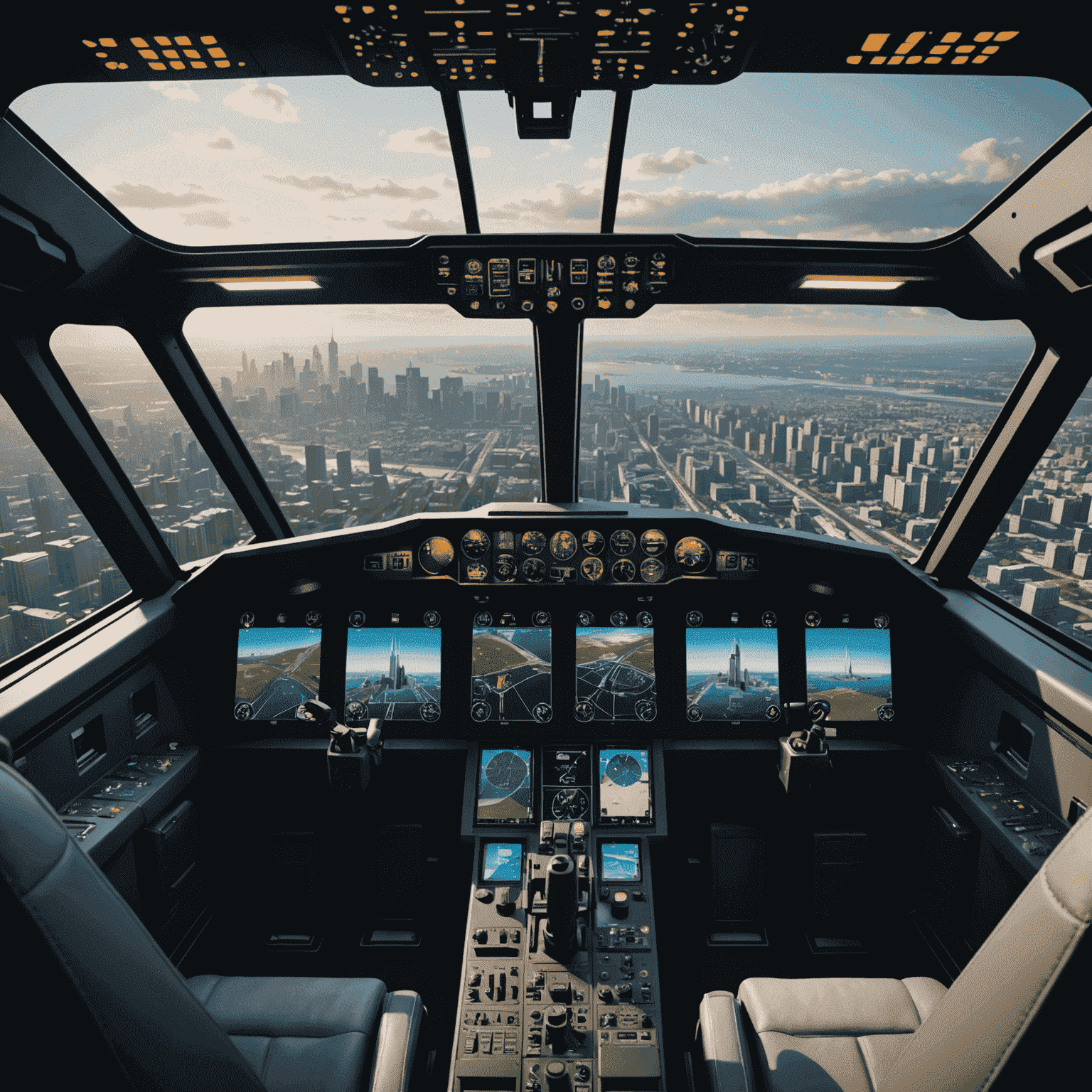 Cockpit view of a flight simulator with realistic controls and a panoramic view of a virtual cityscape, showcasing the immersive experience of top flight simulator games