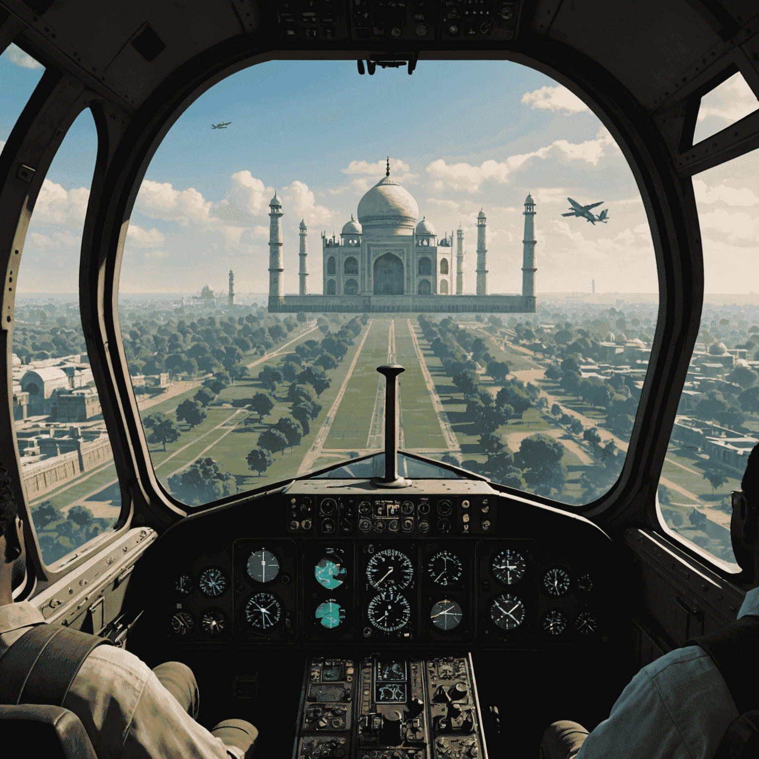 Screenshot of True Avia: Skies of India game showing a detailed cockpit view with the Taj Mahal visible through the aircraft window