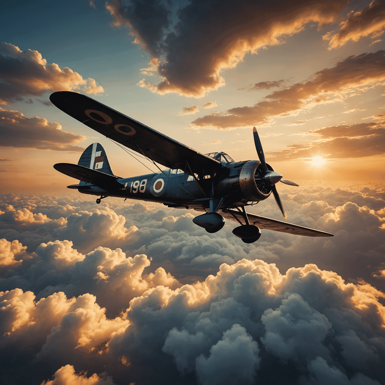 A dramatic image of a vintage Indian aircraft soaring through clouds at sunset, symbolizing the rich history of aviation in India