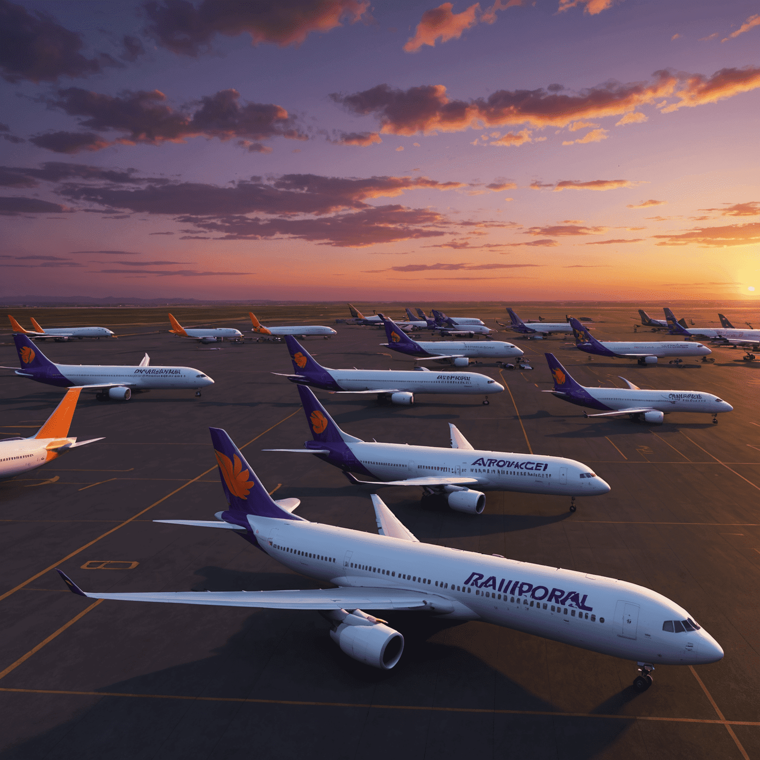 A dramatic screenshot of a virtual airline's fleet of aircraft lined up on a runway at sunset, with rich orange and purple hues in the sky, creating a cinematic atmosphere