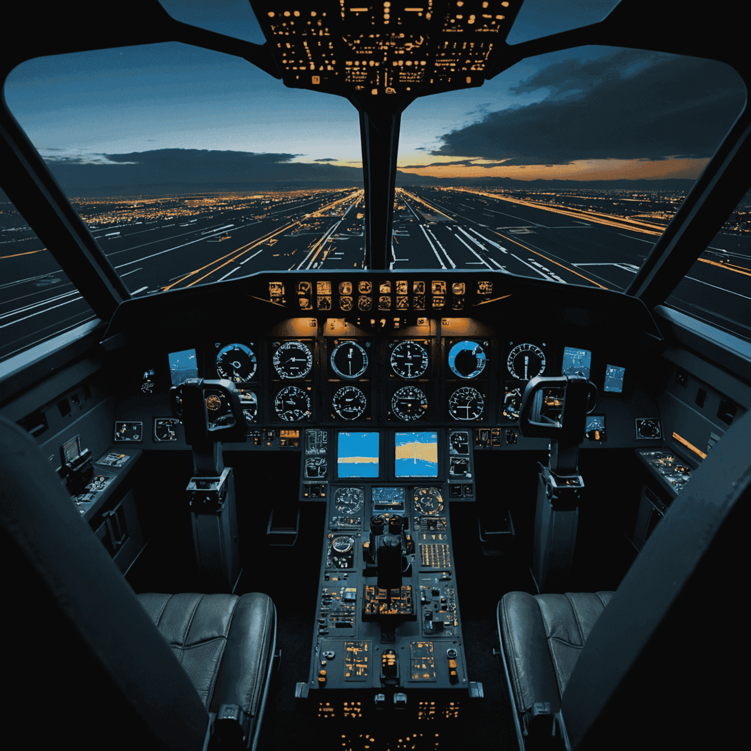 A dramatic image of a flight simulator cockpit with dynamic lighting, showcasing a pilot's perspective during a simulated night flight. The cockpit instruments are illuminated, creating a contrast against the dark sky visible through the windshield.