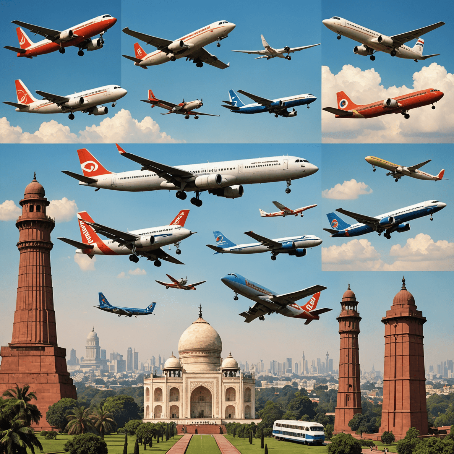 A collage showing the evolution of Indian aviation, from vintage propeller planes to modern jet airliners, set against the backdrop of famous Indian landmarks