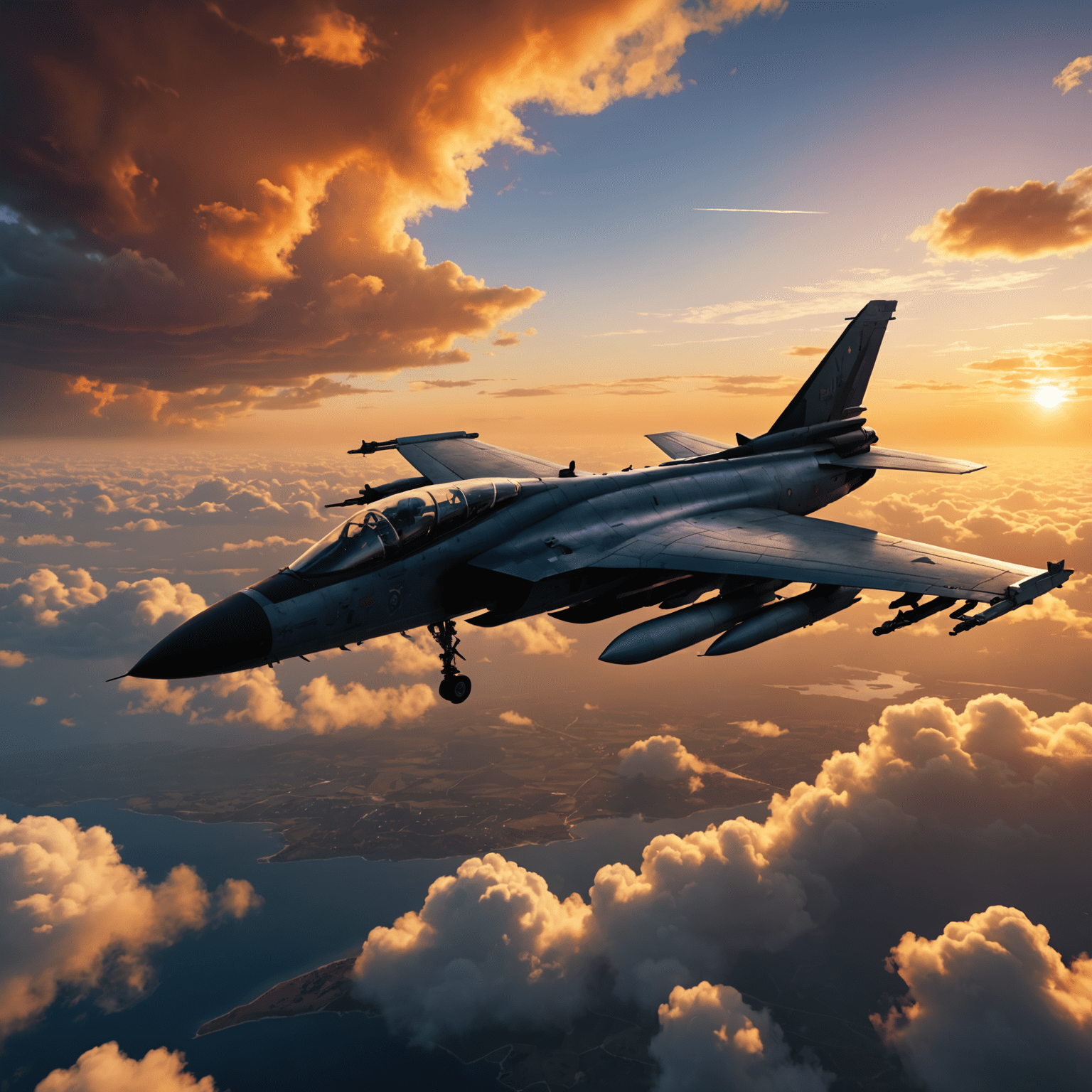 Avia Club Fly: Ultimate Edition gameplay screenshot featuring a military jet flying through a dramatic sunset sky