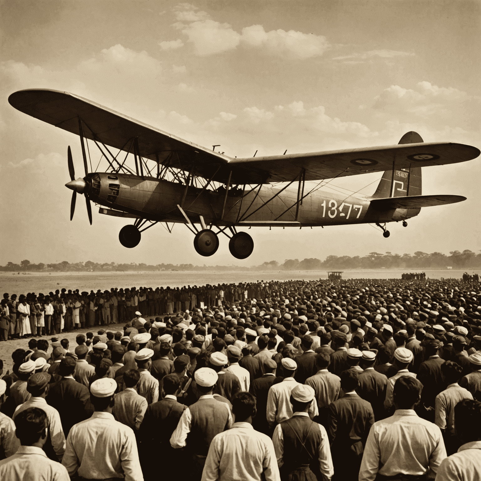 A sepia-toned image of India's first commercial aircraft in 1910, surrounded by a crowd of onlookers, capturing the excitement of the dawn of Indian aviation