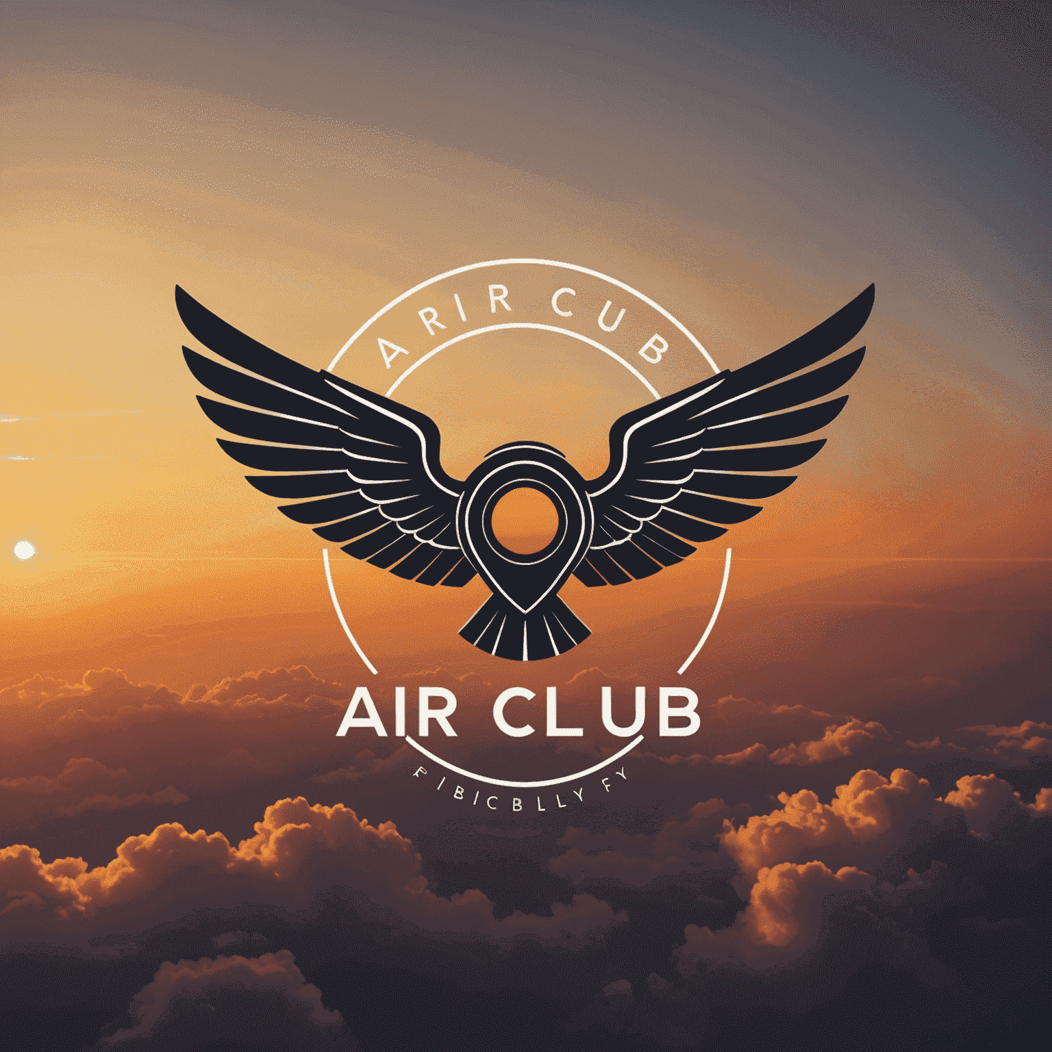 A stylish logo design for 'Air Club Fly' with wings and a sleek font, set against a dramatically lit background reminiscent of a sunset sky