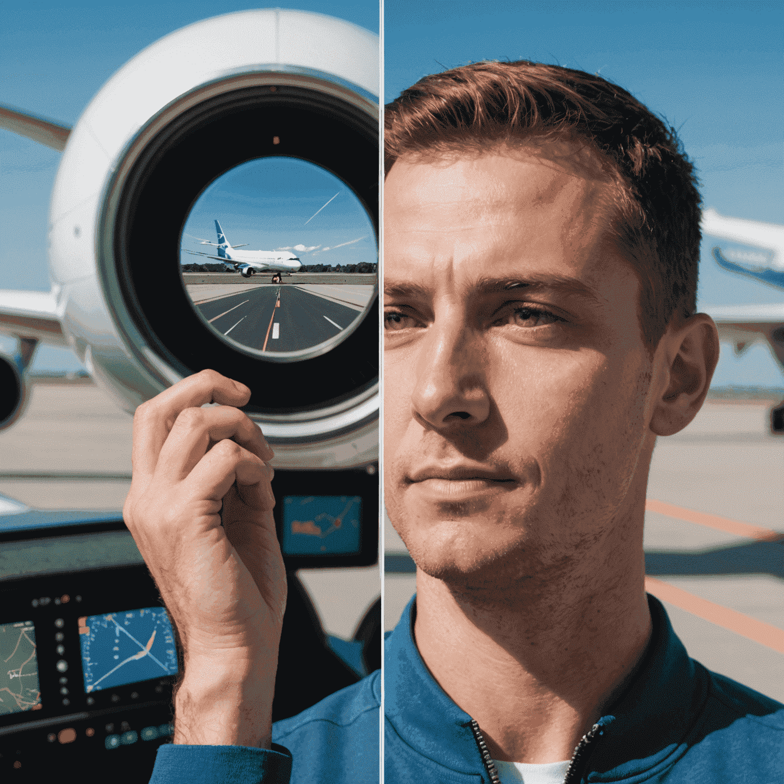 A split-screen image: on one side, a person stretching and taking a break from their flight simulator setup; on the other, a close-up of refreshed eyes looking at a distant object, illustrating the 20-20-20 rule.