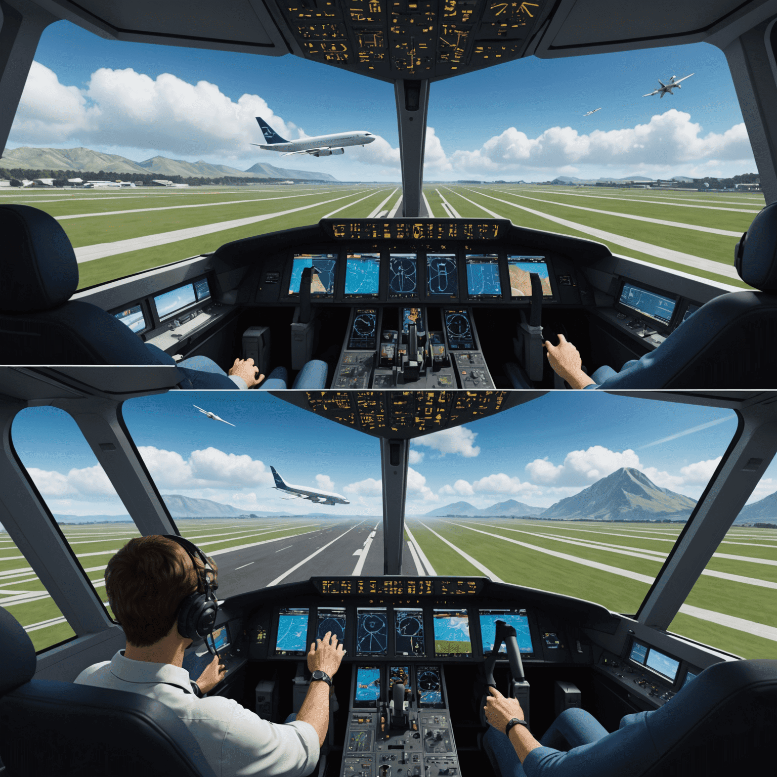 A split-screen image showing a player managing a virtual airline on one side and a simulated aircraft in flight on the other, illustrating the dual aspects of running a virtual airline in flight simulator games