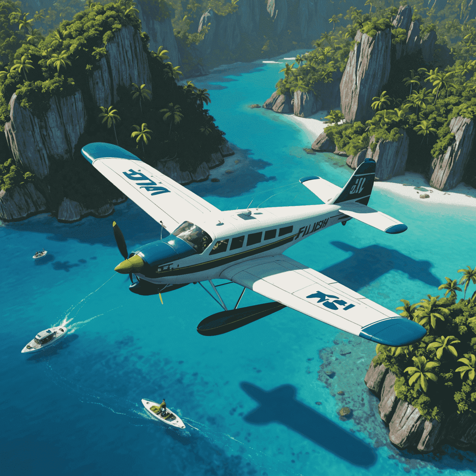 Fly High: Aerial Adventures game image showing a player piloting a seaplane over crystal clear tropical waters