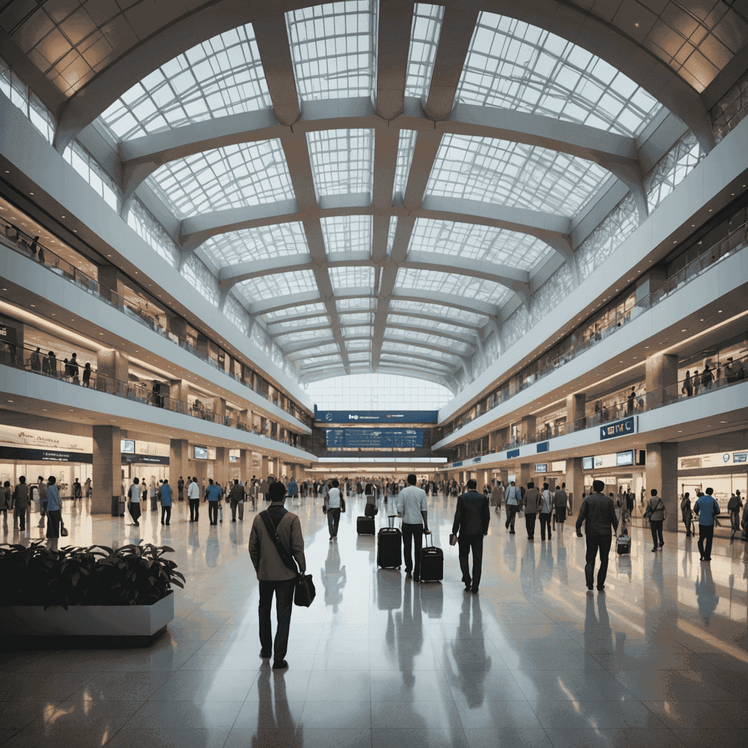 A modern Indian airport terminal bustling with activity, showcasing sleek architecture and advanced technology, representing the current state of Indian aviation