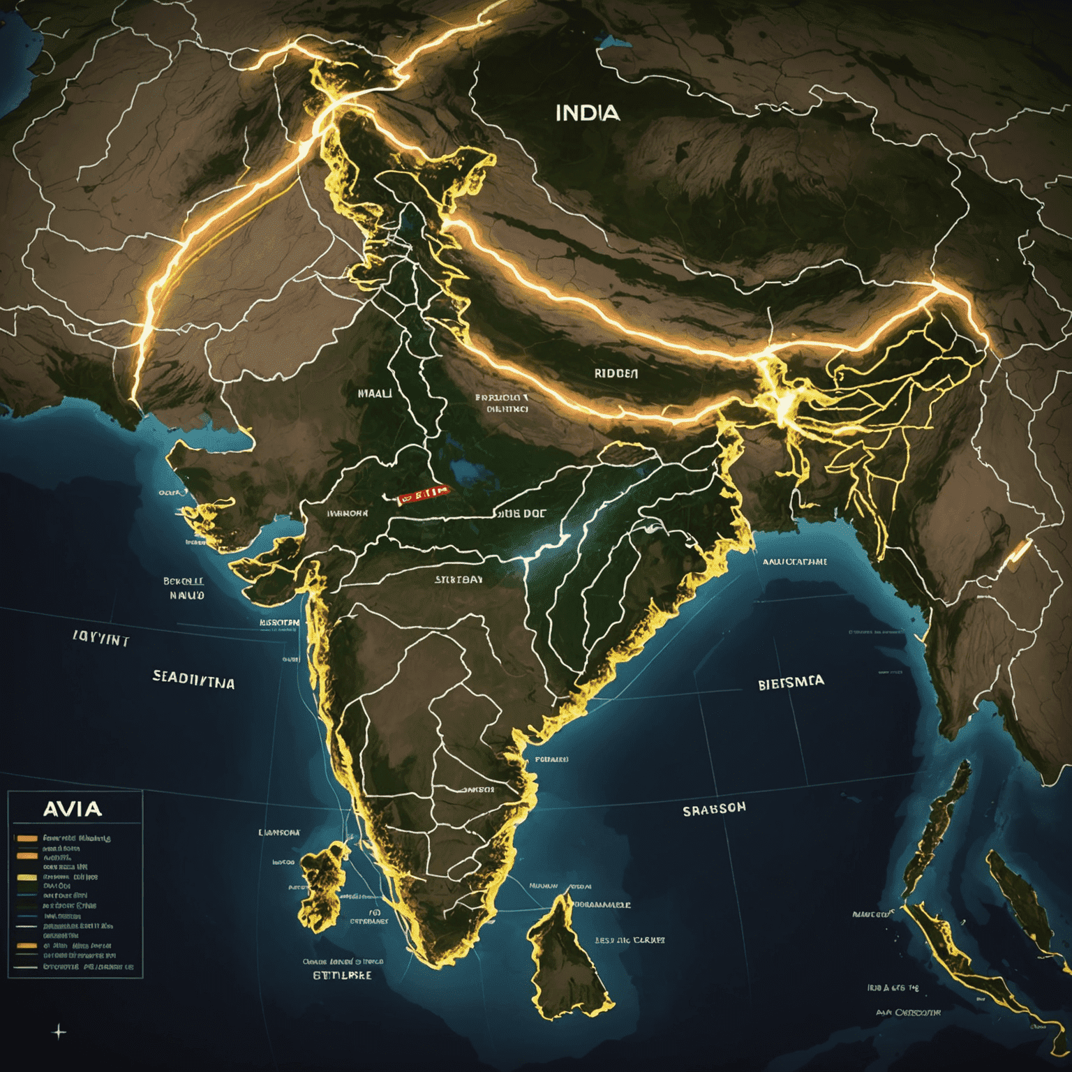 A dramatically lit map of India with glowing flight routes connecting major cities, emphasizing the 'Avia India' concept