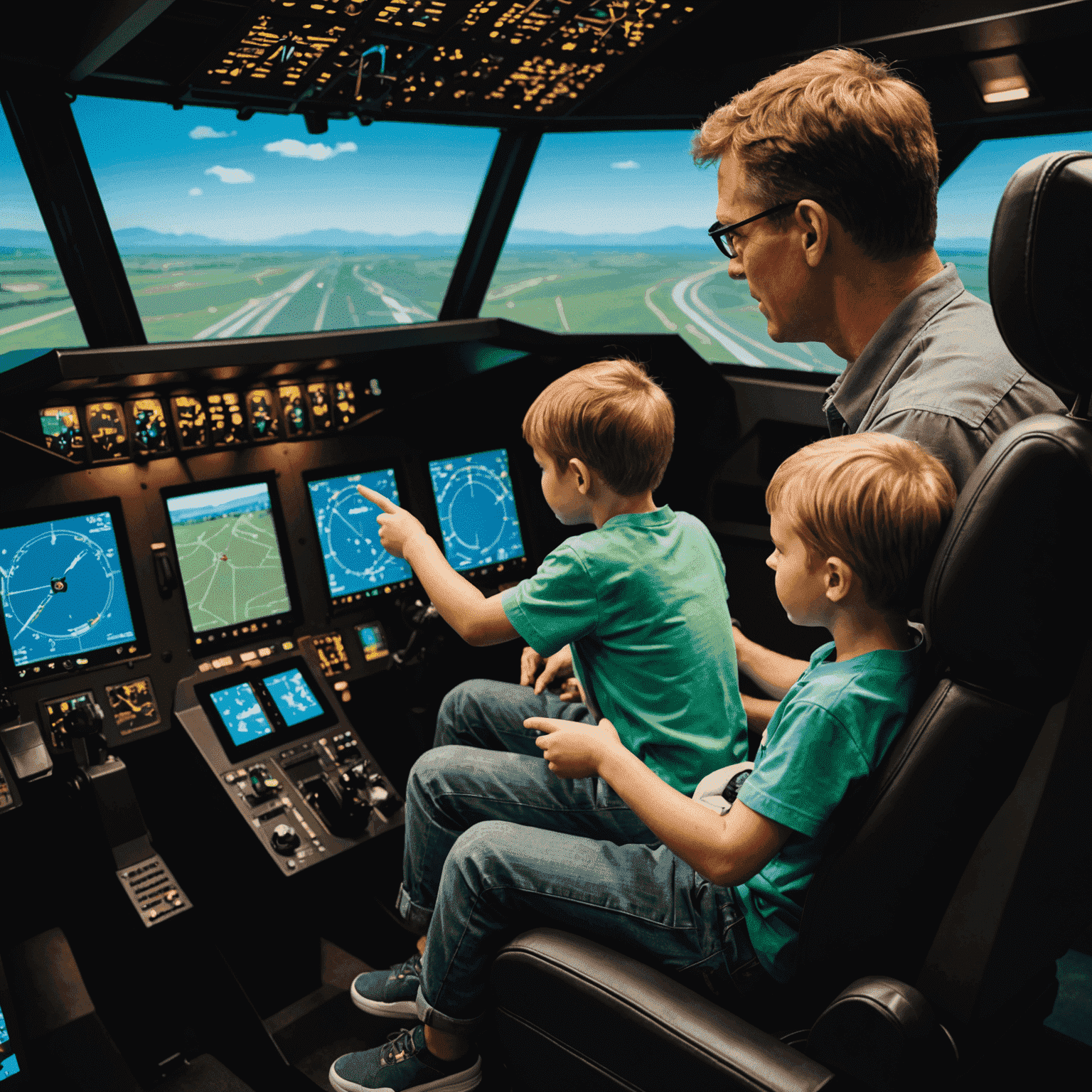 A parent and child sitting together at a flight simulator setup, with the parent pointing out various controls and explaining responsible gaming practices.