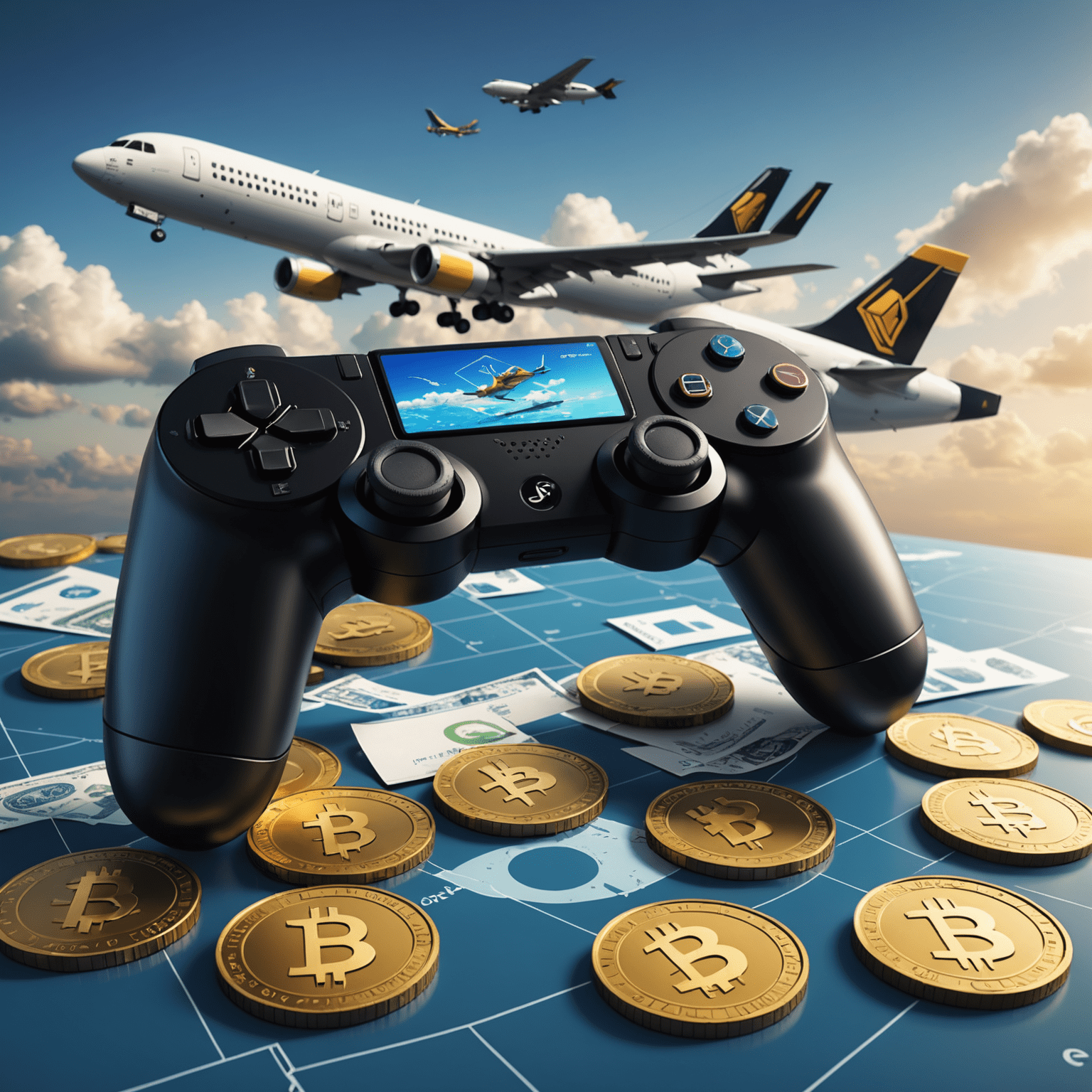 An artistic representation of virtual currency coins and bills with aviation symbols, floating around a gaming controller and airplane silhouette