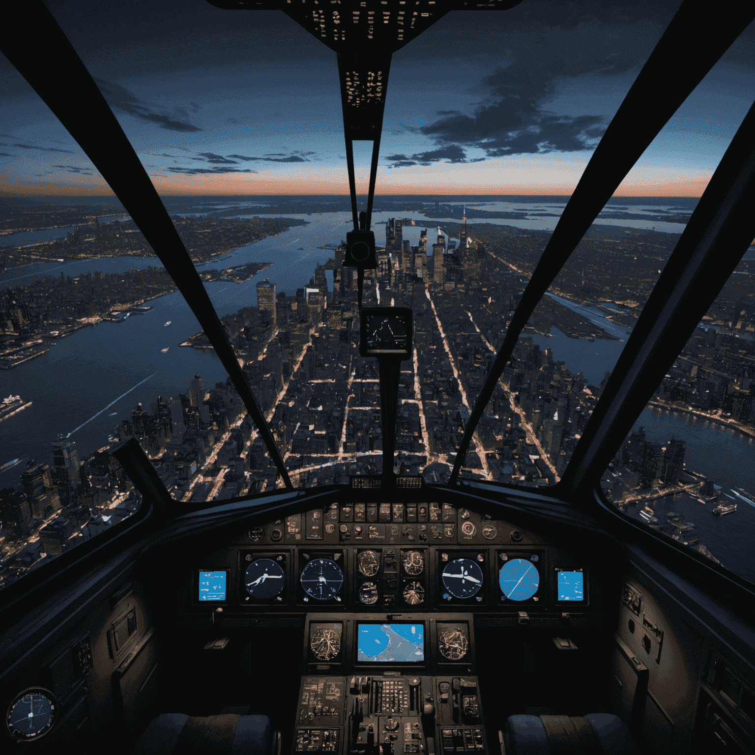 Avia Game: World Tour screenshot displaying a panoramic view from the cockpit while flying over New York City at night