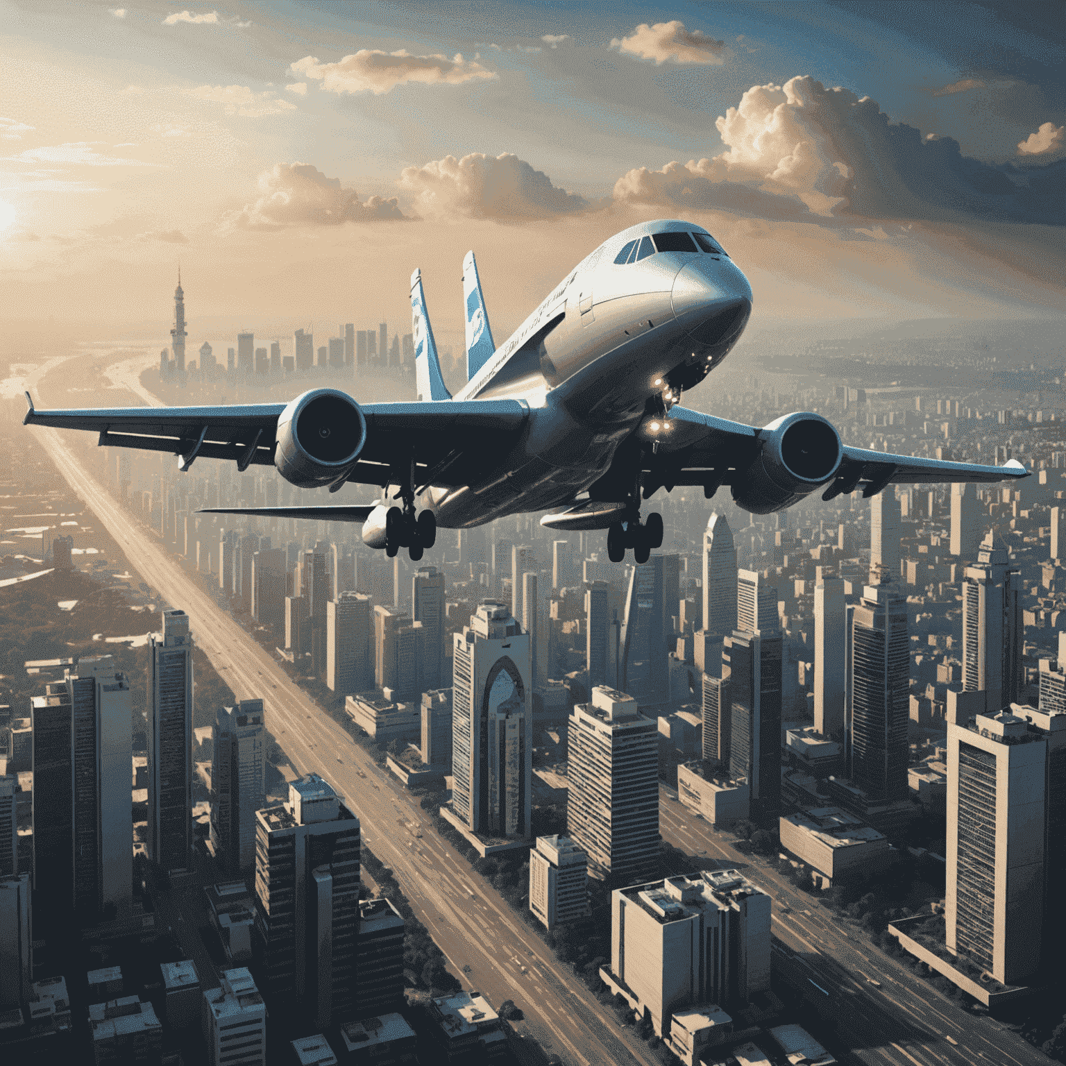 A futuristic render of an advanced Indian aircraft taking off against a backdrop of a modern cityscape, symbolizing the bright future of Indian aviation