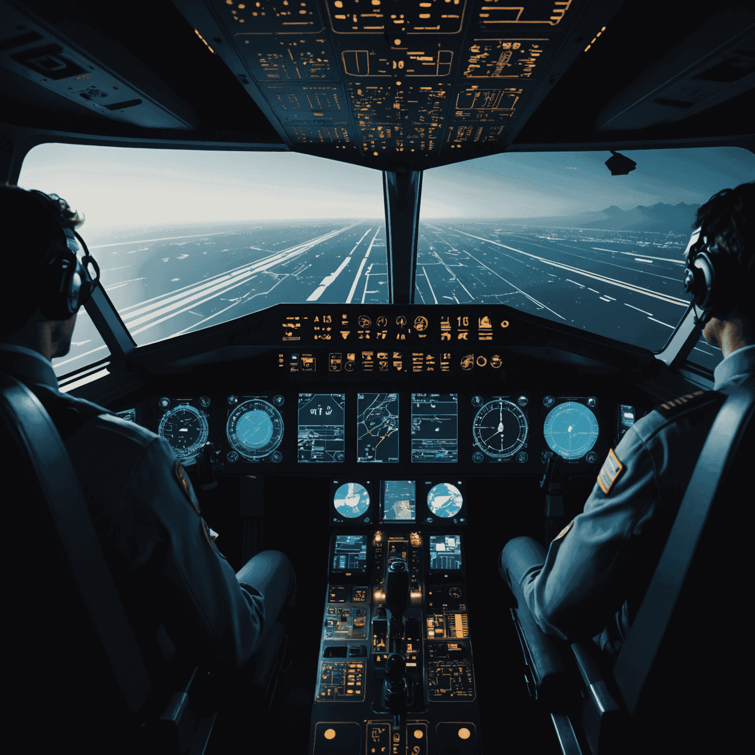 A cinematic view of a virtual pilot in a dramatically lit cockpit, with holographic displays showing route information and airline statistics