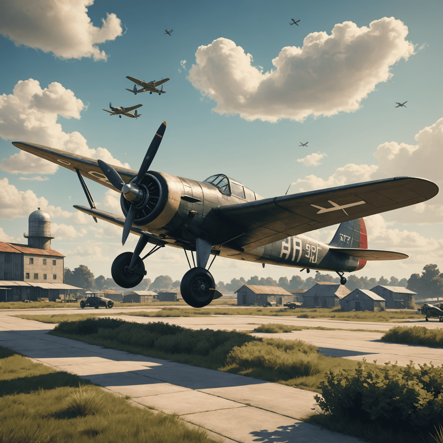 Avia Fly: Retro Classics game image featuring a vintage propeller plane flying over a 1950s-style airfield